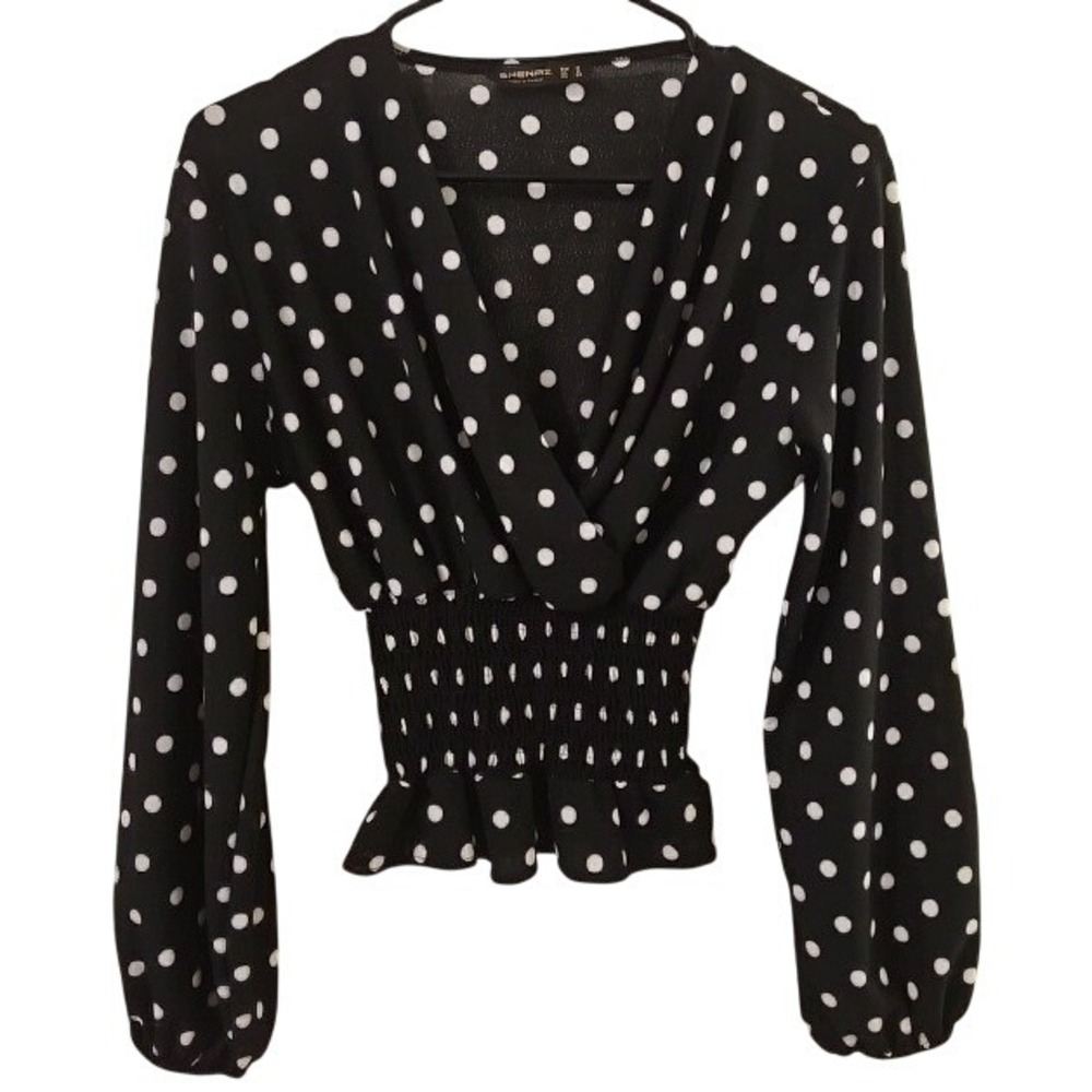 Shenaz Womens Black Polka Dot Plunging V-Neck Smocked Peplum Blouse Size Medium